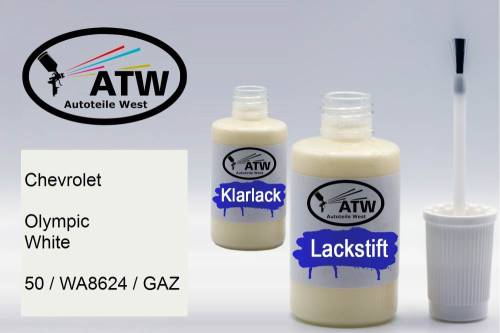 Chevrolet, Olympic White, 50 / WA8624 / GAZ: 20ml Lackstift + 20ml Klarlack - Set, von ATW Autoteile West.